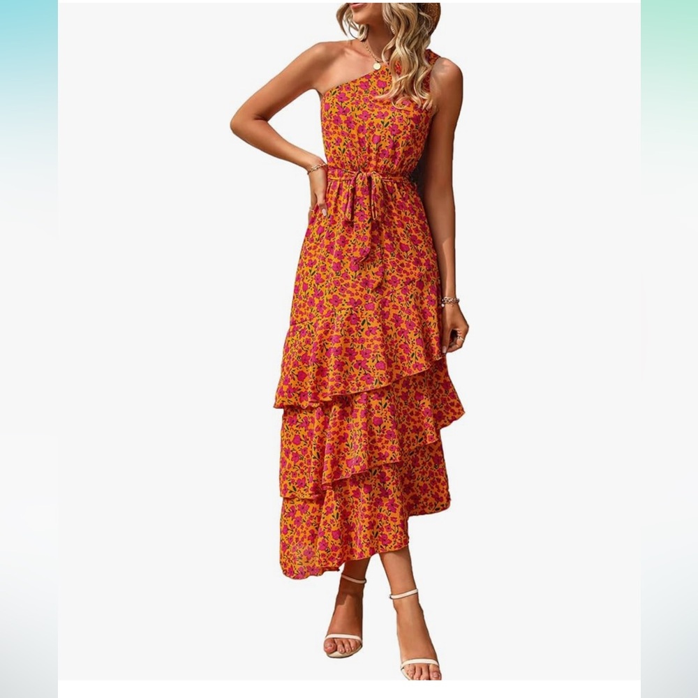 PRETTYGARDEN Summer Floral OneShoulder Tiered Ruffle Flowy Midi Beach Boho Dress
